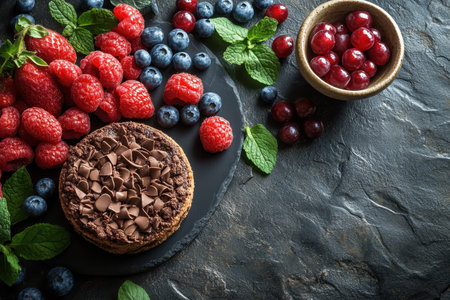 A chocolate cake is beautifully presented with an assortment of fresh berries and mint leaves nearby.の写真素材