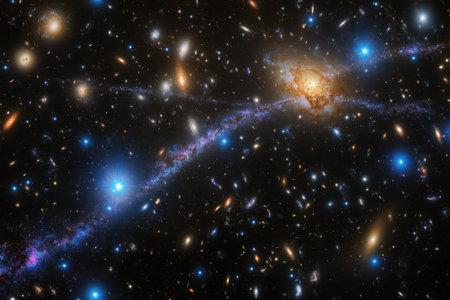 A breathtaking display of stars and galaxies fills the dark sky, revealing the beauty of the universe.の写真素材