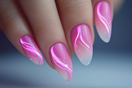 Stunning pink ombre nails featuring delicate white accents and creative designs, perfect for special occasions.の写真素材