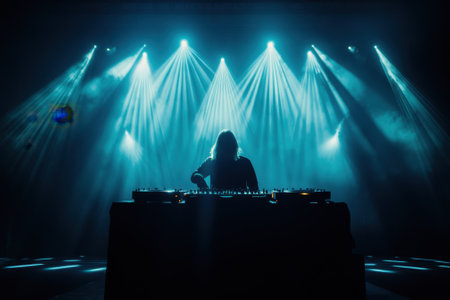A DJ energizes the crowd in a lively club, surrounded by dramatic light beams and fog.の写真素材