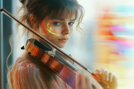 A musician skillfully plays the violin, surrounded by vibrant colors from nearby light reflections.の写真素材