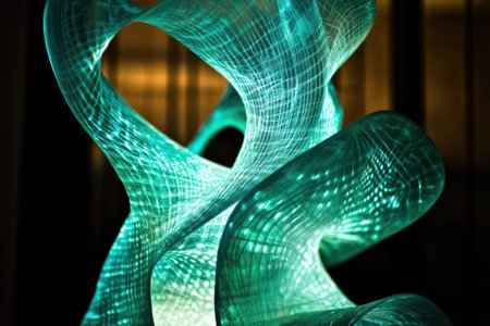 An intricate abstract sculpture emits a vibrant teal glow, creating an artistic focal point in a modern environment.の写真素材