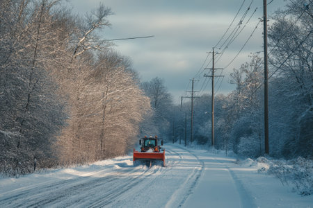 A snow plow is actively clearing a snow-covered road framed by frosted trees on a winter day.の写真素材