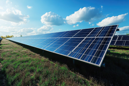Large solar panels capture sunlight in a field, contributing to renewable energy solutions in nature.の写真素材