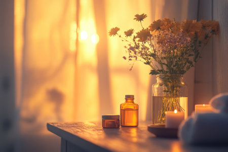 A serene setting features a glass jar of flowers alongside candles and amber bottles, illuminated by soft sunlight.の写真素材