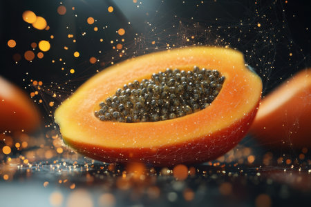 A vibrant papaya is cut in half, showing its juicy orange flesh and dark seeds, scattered with glowing particles.の写真素材
