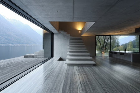 A contemporary living space showcases minimalist design with open layout and stunning lake views through large windows.の写真素材