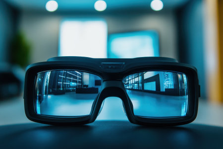 Sleek smart glasses are showcased in a modern tech space filled with natural light.の写真素材