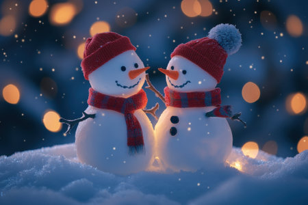 Two cheerful snowmen hug amidst falling snowflakes, glowing lights creating a magical winter atmosphere.の写真素材