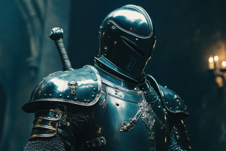 A knight dressed in polished armor stands steadfast in a dark castle, ready for battle or defense.の写真素材