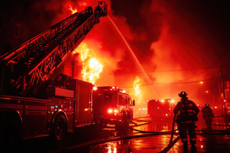 Firefighters are actively working to control a major blaze in an urban area at night with flames illuminating the sky.の写真素材