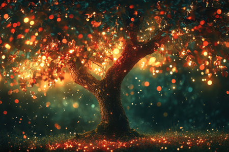 A captivating tree adorned with colorful glowing lights transforms the nighttime landscape into a delightful wonderland.の写真素材