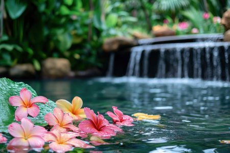 Colorful plumeria blossoms rest gently on the surface of serene water near a cascading waterfall in a garden.の写真素材