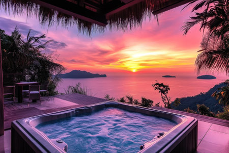 A hot tub sits on a balcony with a breathtaking view of a colorful sunset over the ocean and islands.の写真素材