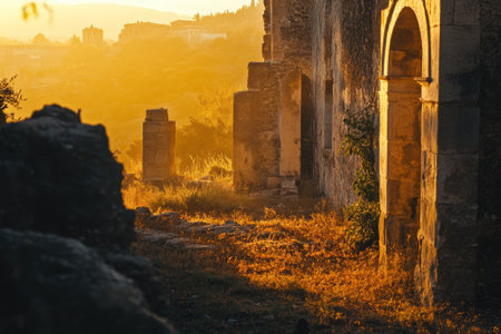 Golden light bathes the historical ruins, highlighting details of architecture and surrounding nature at sunset.の写真素材