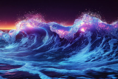 Majestic waves crash against the shore, glowing with shades of blue and purple under a colorful sunset.の写真素材
