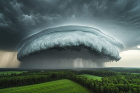 A powerful cloud formation looms overhead, casting shadows over lush green fields during late afternoon.の写真素材