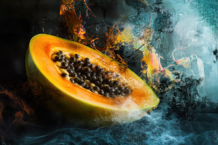 A fresh, ripe papaya cut in half reveals its dark seeds, set against a colorful, abstract background.の写真素材