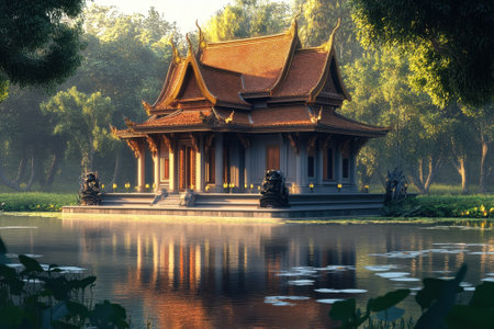 A traditional temple stands majestically by the calm waters, reflecting nature's beauty at dawn.の写真素材