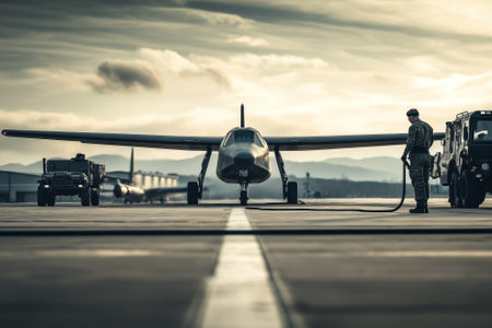 Soldiers are fueling a drone at an airbase during the golden hour, with planes in the background.の写真素材