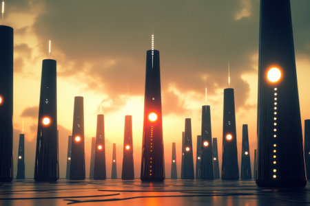 A row of striking towers with glowing orbs stands against a vibrant sunset sky, creating a stunning effect.の写真素材