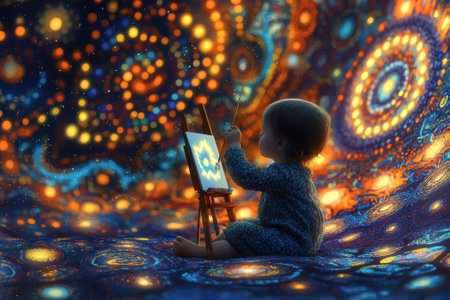 A young child sits focused on painting, surrounded by a mesmerizing swirl of bright colors and patterns.の写真素材