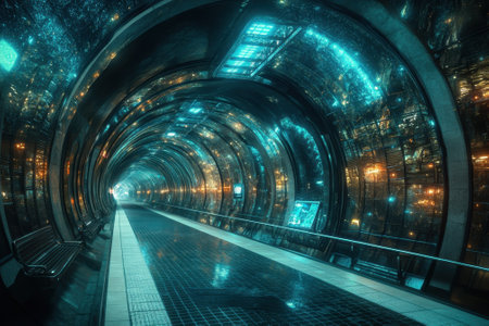 A long, illuminated tunnel features sleek architecture and vibrant blue and gold lights, creating a surreal atmosphere.の写真素材