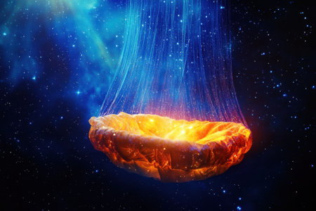 Brightly colored bread hovers in a vast cosmic backdrop with glowing energy strands connecting to it.の写真素材