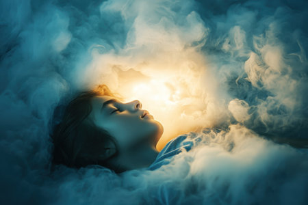 A person rests on a bed of clouds, serene atmosphere lit by a warm glow, capturing a tranquil moment.の写真素材