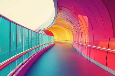 Vibrant, curving walkway features bright colors and glass panels under a clear sky in a bustling city area.の写真素材