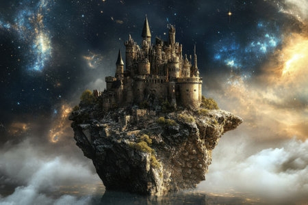 A majestic castle is suspended in the cosmos, surrounded by vibrant stars and ethereal clouds.の写真素材
