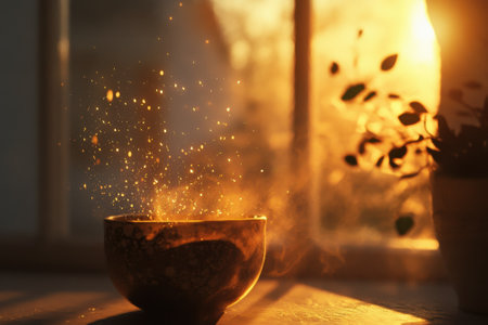 Sunlight streams through a window, highlighting a bowl with magical golden sparkles floating above it.の写真素材