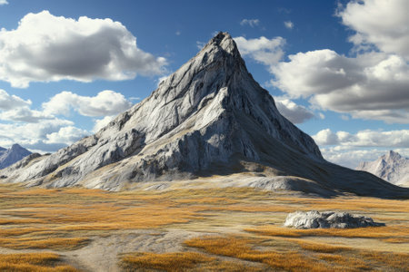 A towering mountain rises prominently from a vast expanse of golden grass under a dramatic sky.の写真素材