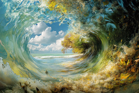A large wave captures a tree along the coast, showing vibrant colors and clouds in the background.の写真素材