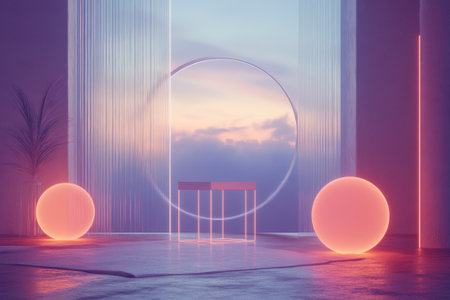 Glowing spheres frame a minimalistic table by a large circular opening, showcasing a vibrant sunset.の写真素材