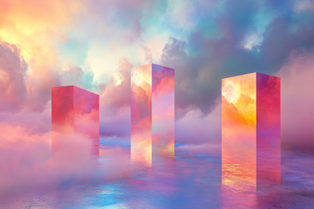 Colorful pillars stand in a dreamy landscape, surrounded by mist and vibrant clouds during sunset.の写真素材