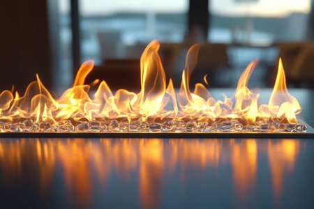 Bright flames flicker atop sparkling glass gems, creating a warm ambiance in a contemporary space.の写真素材