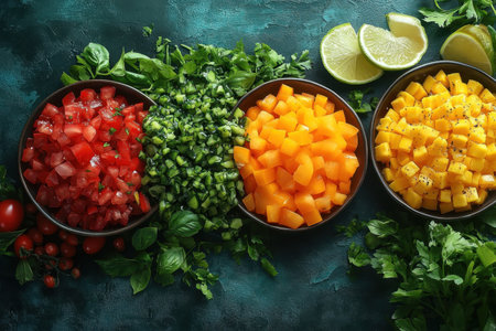 A vibrant display of chopped mango, cucumber, and tomato alongside fresh herbs ready for cooking.の写真素材