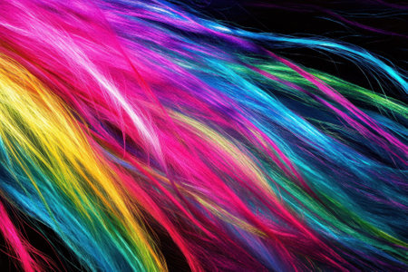 Strands of hair in bright shades of pink, blue, green, and yellow blend together, creating a striking visual effect.の写真素材