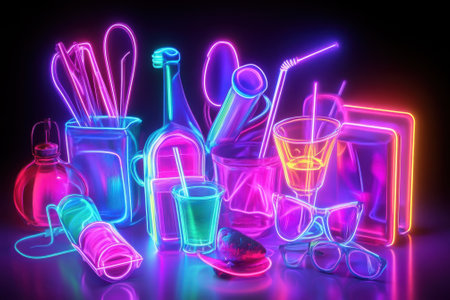 Bright neon glasses and utensils are displayed with glowing colors in a stylish bar setting at night.の写真素材