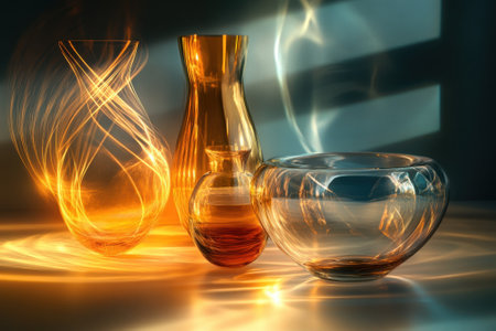 Beautiful glass vases and bowls catch warm light, creating a stunning display of colors and reflections.の写真素材