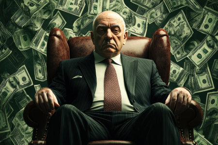 A star-looking man sits in an elegant chair, with an elaborate backdrop of dollar bills symbolizing wealth.の写真素材