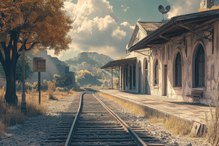 A deserted railway station surrounded by vibrant autumn trees and a single track leading into the distance.の写真素材