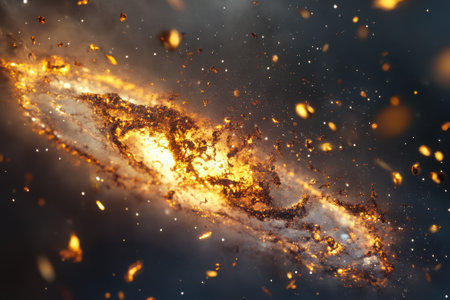 A vibrant galaxy displays swirling gases and sparkling dust, illuminated by bright stellar formations.の写真素材
