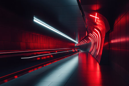 Neon lights illuminate a futuristic tunnel, creating a striking visual in the urban landscape at night.の写真素材