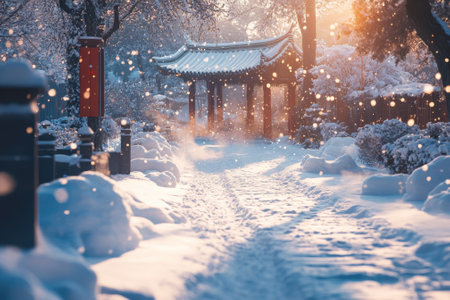 A peaceful snowy pathway leads to a traditional structure, surrounded by trees and sparkling snowflakes at dusk.の写真素材