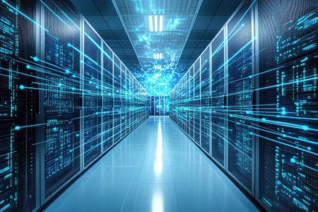 High-tech server room displaying data streams and blue light effects, illustrating digital connectivity.の写真素材