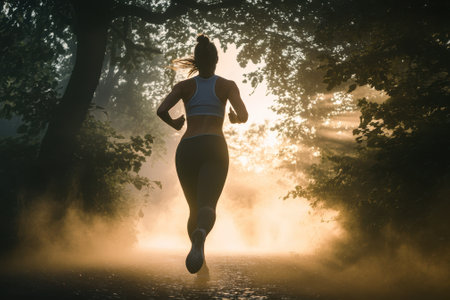A runner gracefully moves along a forest trail shrouded in mist with sunlight streaming through trees.の写真素材