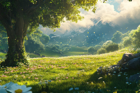 A peaceful meadow filled with colorful flowers lies beneath towering mountains surrounded by lush greenery.の写真素材