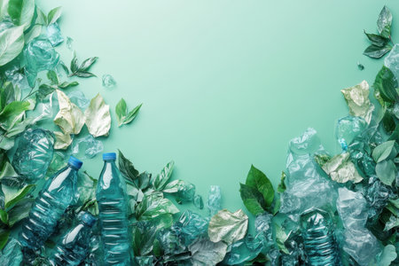 A collection of used plastic bottles rests amidst green leaves and crumpled materials on a light surface.の写真素材